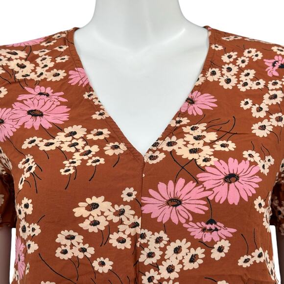 Madewell Top Womens XS Burnt Clay Novel Tie Front Hillside Daisies Floral Boho - Picture 2 of 8